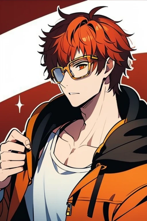 solo, looking at viewer, short hair, simple background, shirt, 1boy, white background, collarbone, jacket, upper body, male focus, red hair, parted lips, open clothes, glasses, hood, black jacket, orange eyes, sparkle, hoodie, headphones, hood down, red shirt, hooded jacket, headphones around neck