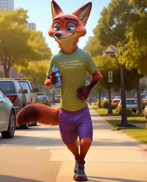 In an animated scene, 32-year-old Nick Wilde from Zootopia walks through a park in sporty attire, carrying a water bottle, showcasing his concern for hydration during physical activity. His casual sportswear includes a snug, vibrant T-shirt, comfortable sh...