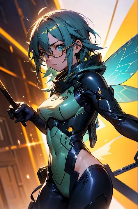 asada sinon from sword art online, with magnificent fairy wings, golden glasses, in a masterpiece, best quality 16k anime wallpa...