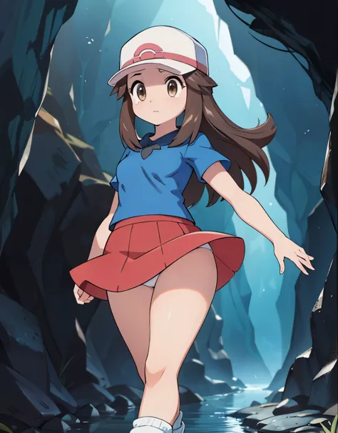 (pokemon, leaf, visible thighs, red skirt, blue shirt, brown eyes, loose socks, white footwear, upskirt, white panties, body shape, long legs, chubby thighs, scared walking in a dark cave, crying), (oil painting), (mysterious atmosphere, glowing eyes, damp...