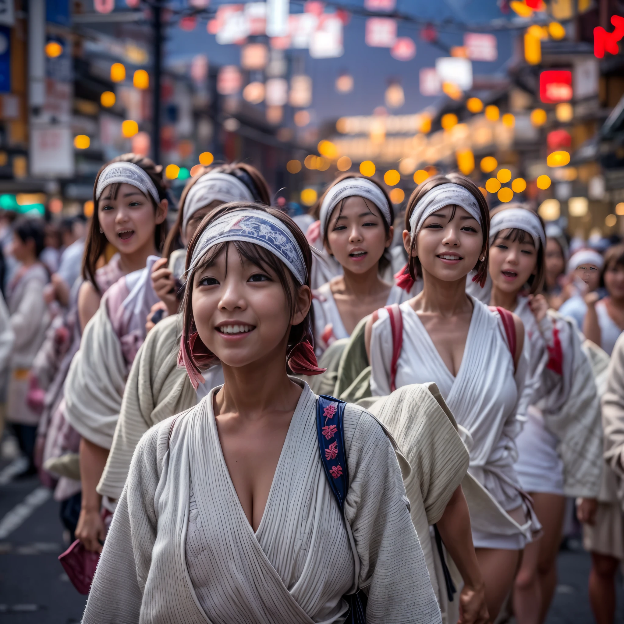 ((보케, 예리함:0.85, 매우 상세한:1.35)), (((밑에서부터))) . 배경은 시내 중심가입니다. (어스름:1.4), (((머리 위의 붉게 물든 구름:1.3))), { 하늘은 구성의 3분의 1 이상을 차지합니다. | (많은 화려한 조명:1.2) | 렌즈 플레어 | 타고 있는 | 안개 | (빛나는 입자) | 신비한 광경 | 신의 광선 | 번개 }, { 가슴 밑 | 오일드 아이보리 스킨 | 풀바디:1.2 } . (걸작:1.2) 전문적인 아날로그 사진 촬영 (핫셀블라드), (((생생한 느낌을 가미한 초현실적이고 사실적인 사진:1.37, 체적 조명))) . ((( WHITE Fundoshi의 KAWAII 소녀들의 단체 사진, 하카타 기온 Ymakasa 축제 ))), ((매우 상세한 KAWAII 얼굴 변형)) . 앞을 바라보며 집중하세요 .