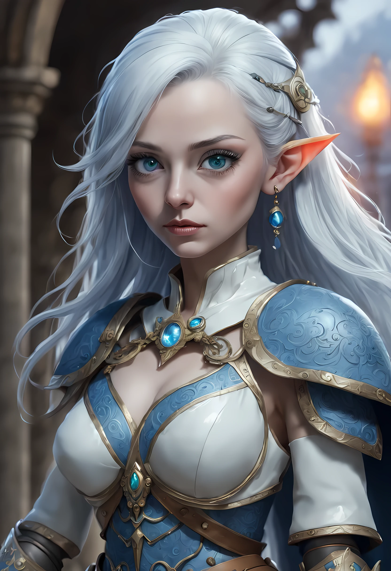 fantasy art, dnd art, RPG art, wide shot, (masterpiece: 1.4) a (portrait: 1.3) intense details, highly detailed, photorealistic, best quality, highres, portrait a female (fantasy art, Masterpiece, best quality: 1.3) bl3uprint (blue skin: 1.5), intense details facial details, exquisite beauty, (fantasy art, Masterpiece, best quality) cleric, (blue: 1.3) skinned female, (white hair: 1.3), long hair, intense (green: 1.3) eye, fantasy art, Masterpiece, best quality) armed a fiery sword red fire, wearing heavy (white: 1.3) half plate mail armor, wearing high heeled laced boots, wearing an(orange :1.3) cloak, wearing glowing holy symbol GlowingRunes_yellow, within fantasy temple background, reflection light, high details, best quality, 16k, [ultra detailed], masterpiece, best quality, (extremely detailed), close up, ultra wide shot, photorealistic, RAW, fantasy art, dnd art, fantasy art, realistic art,((best quality)), ((masterpiece)), (detailed), perfect face, ((no ears: 1.6))