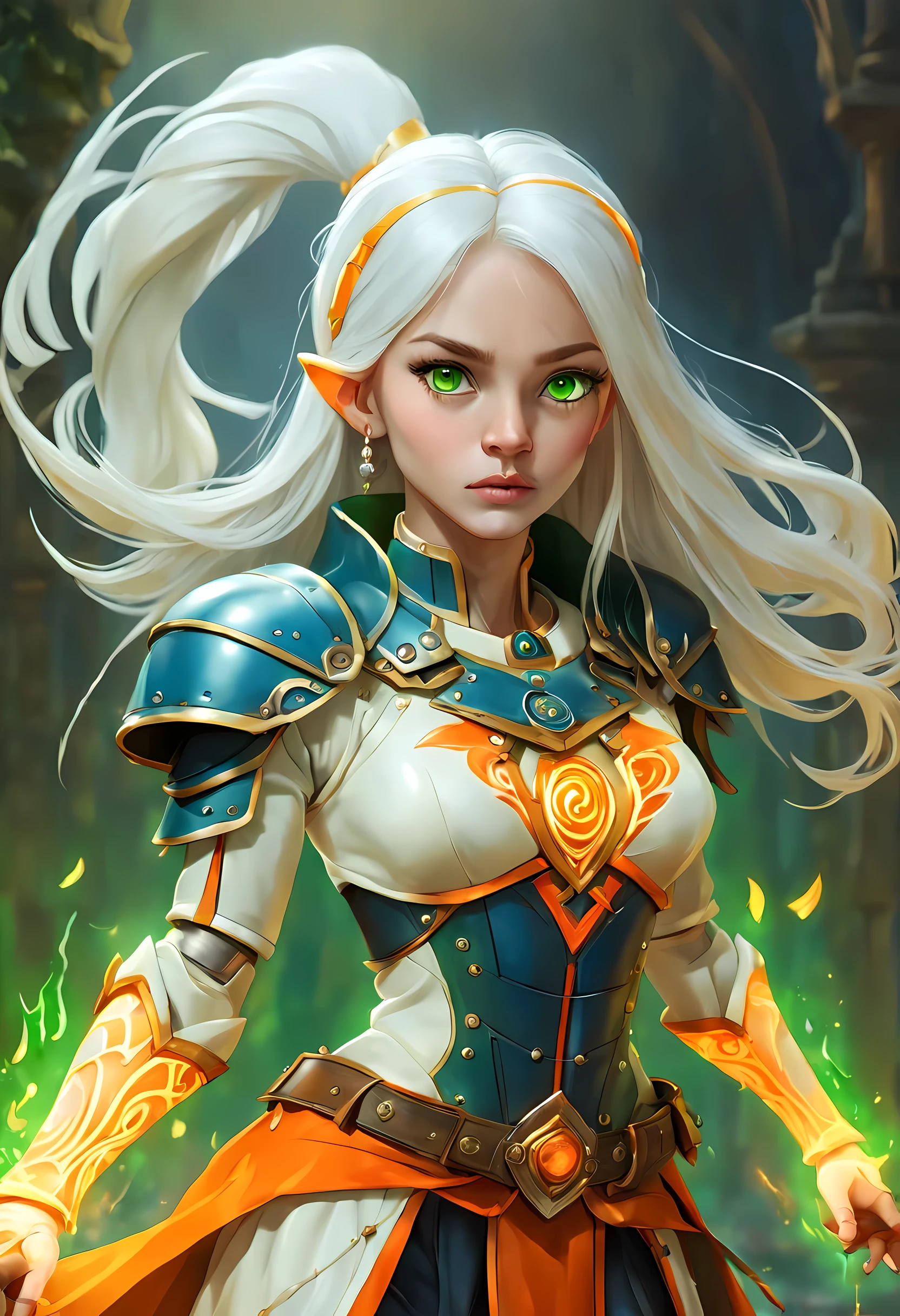 fantasy art, dnd art, RPG art, wide shot, (masterpiece: 1.4) a (portrait: 1.3) intense details, highly detailed, photorealistic, best quality, highres, GlowingRunesAI_yellow, portrait a female (fantasy art, Masterpiece, best quality: 1.3) bl3uprint (blue skin: 1.5, intense details facial details, exquisite beauty, (fantasy art, Masterpiece, best quality) cleric, (blue: 1.3) skinned female, (white hair: 1.3), long hair, intense (green: 1.3) eye, fantasy art, Masterpiece, best quality) armed a fiery sword red fire, wearing heavy (white: 1.3) half plate mail armor, wearing high heeled laced boots, wearing an(orange :1.3) cloak, wearing glowing holy symbol GlowingRunes_yellow, within fantasy temple background, reflection light, high details, best quality, 16k, [ultra detailed], masterpiece, best quality, (extremely detailed), close up, ultra wide shot, photorealistic, RAW, fantasy art, dnd art, fantasy art, realistic art,((best quality)), ((masterpiece)), (detailed), perfect face, ((no ears: 1.6))