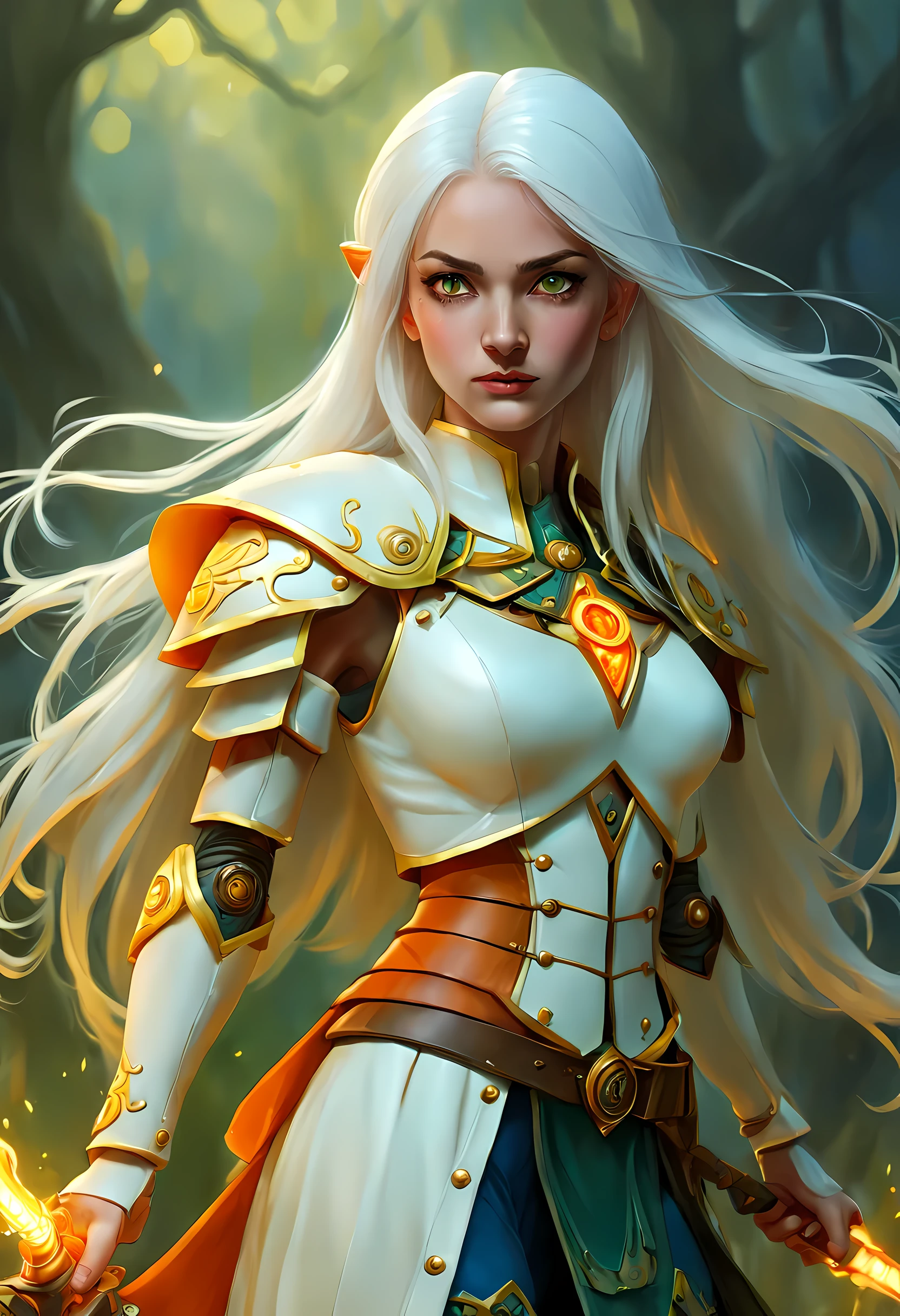 fantasy art, dnd art, RPG art, wide shot, (masterpiece: 1.4) a (portrait: 1.3) intense details, highly detailed, photorealistic, best quality, highres, GlowingRunesAI_yellow, portrait a female (fantasy art, Masterpiece, best quality: 1.3) bl3uprint (blue skin: 1.5, intense details facial details, exquisite beauty, (fantasy art, Masterpiece, best quality) cleric, (blue: 1.3) skinned female, (white hair: 1.3), long hair, intense (green: 1.3) eye, fantasy art, Masterpiece, best quality) armed a fiery sword red fire, wearing heavy (white: 1.3) half plate mail armor, wearing high heeled laced boots, wearing an(orange :1.3) cloak, wearing glowing holy symbol GlowingRunes_yellow, within fantasy temple background, reflection light, high details, best quality, 16k, [ultra detailed], masterpiece, best quality, (extremely detailed), close up, ultra wide shot, photorealistic, RAW, fantasy art, dnd art, fantasy art, realistic art,((best quality)), ((masterpiece)), (detailed), perfect face, ((no ears: 1.6))