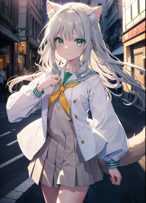 index, index, (green eyes:1.5), silver hair, long hair, (flat chest:1.2),smile,animal ears 　Brown cat ears,Animal tail　brown cat...