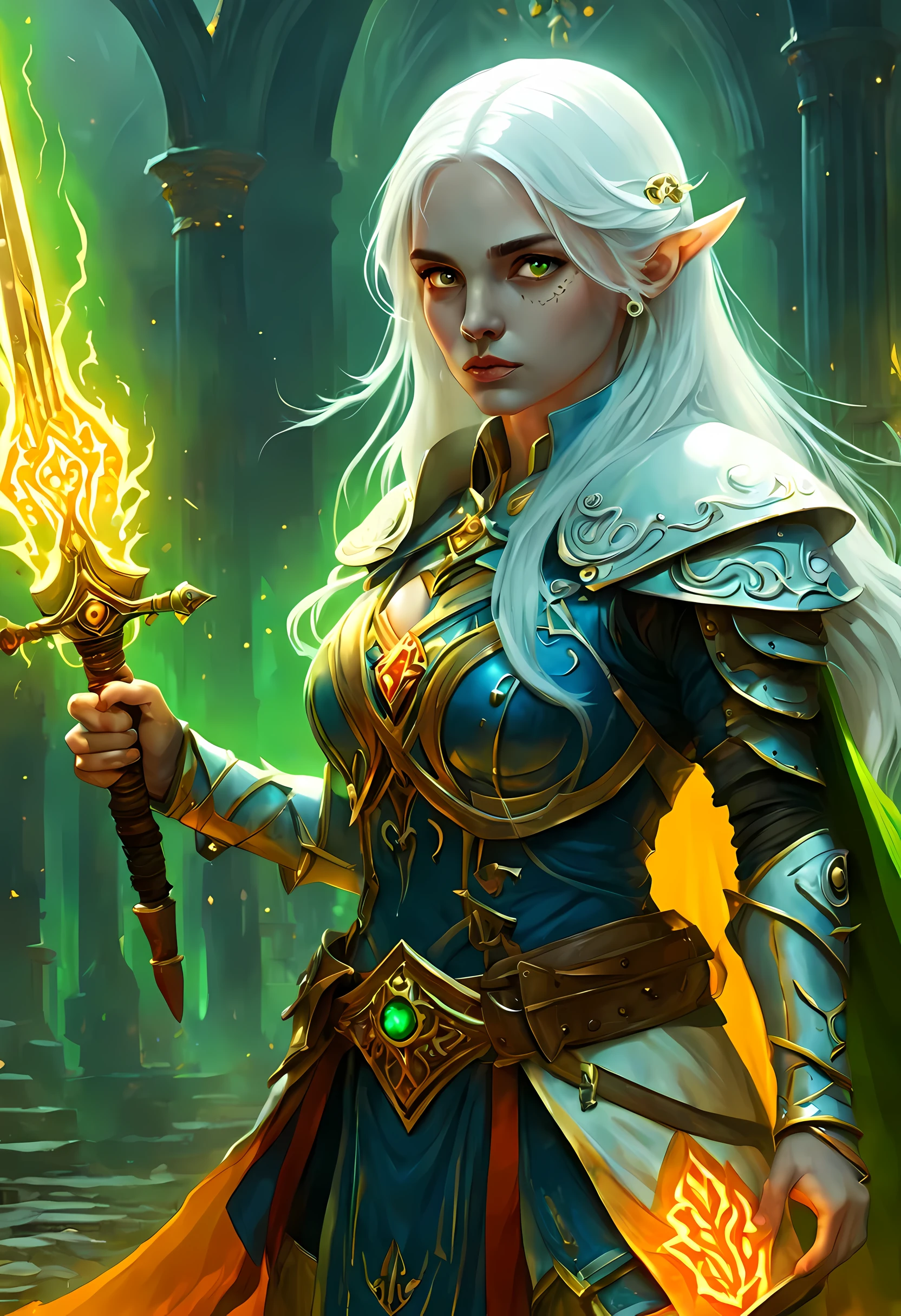 fantasy art, dnd art, RPG art, wide shot, (masterpiece: 1.4) a (portrait: 1.3) intense details, highly detailed, photorealistic, best quality, highres, GlowingRunesAI_yellow, portrait a female (fantasy art, Masterpiece, best quality: 1.3) bl3uprint (blue skin: 1.5, intense details facial details, exquisite beauty, (fantasy art, Masterpiece, best quality) cleric, (blue: 1.3) skinned female, (white hair: 1.3), long hair, intense (green: 1.3) eye, fantasy art, Masterpiece, best quality) armed a fiery sword red fire, wearing heavy (white: 1.3) half plate mail armor, wearing high heeled laced boots, wearing an(orange :1.3) cloak, wearing glowing holy symbol GlowingRunes_yellow, within fantasy temple background, reflection light, high details, best quality, 16k, [ultra detailed], masterpiece, best quality, (extremely detailed), close up, ultra wide shot, photorealistic, RAW, fantasy art, dnd art, fantasy art, realistic art,((best quality)), ((masterpiece)), (detailed), perfect face, ((no ears: 1.6))