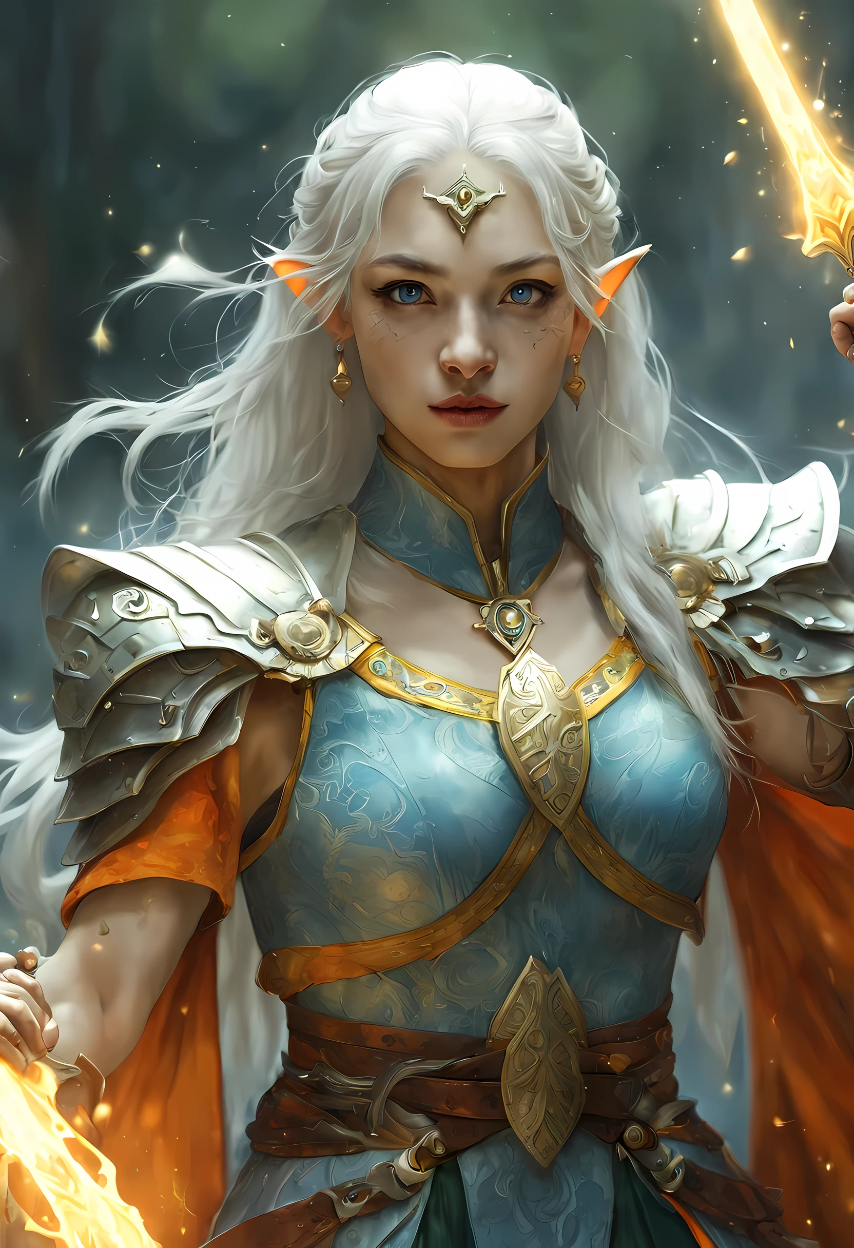 fantasy art, dnd art, RPG art, wide shot, (masterpiece: 1.4) a (portrait: 1.3) intense details, highly detailed, photorealistic, best quality, highres, GlowingRunesAI_yellow, portrait a female (fantasy art, Masterpiece, best quality: 1.3) bl3uprint (blue skin: 1.5, intense details facial details, exquisite beauty, (fantasy art, Masterpiece, best quality) cleric, (blue: 1.3) skinned female, (white hair: 1.3), long hair, intense (green: 1.3) eye, fantasy art, Masterpiece, best quality) armed a fiery sword red fire, wearing heavy (white: 1.3) half plate mail armor, wearing high heeled laced boots, wearing an(orange :1.3) cloak, wearing glowing holy symbol GlowingRunes_yellow, within fantasy temple background, reflection light, high details, best quality, 16k, [ultra detailed], masterpiece, best quality, (extremely detailed), close up, ultra wide shot, photorealistic, RAW, fantasy art, dnd art, fantasy art, realistic art,((best quality)), ((masterpiece)), (detailed), perfect face, ((no ears: 1.6))