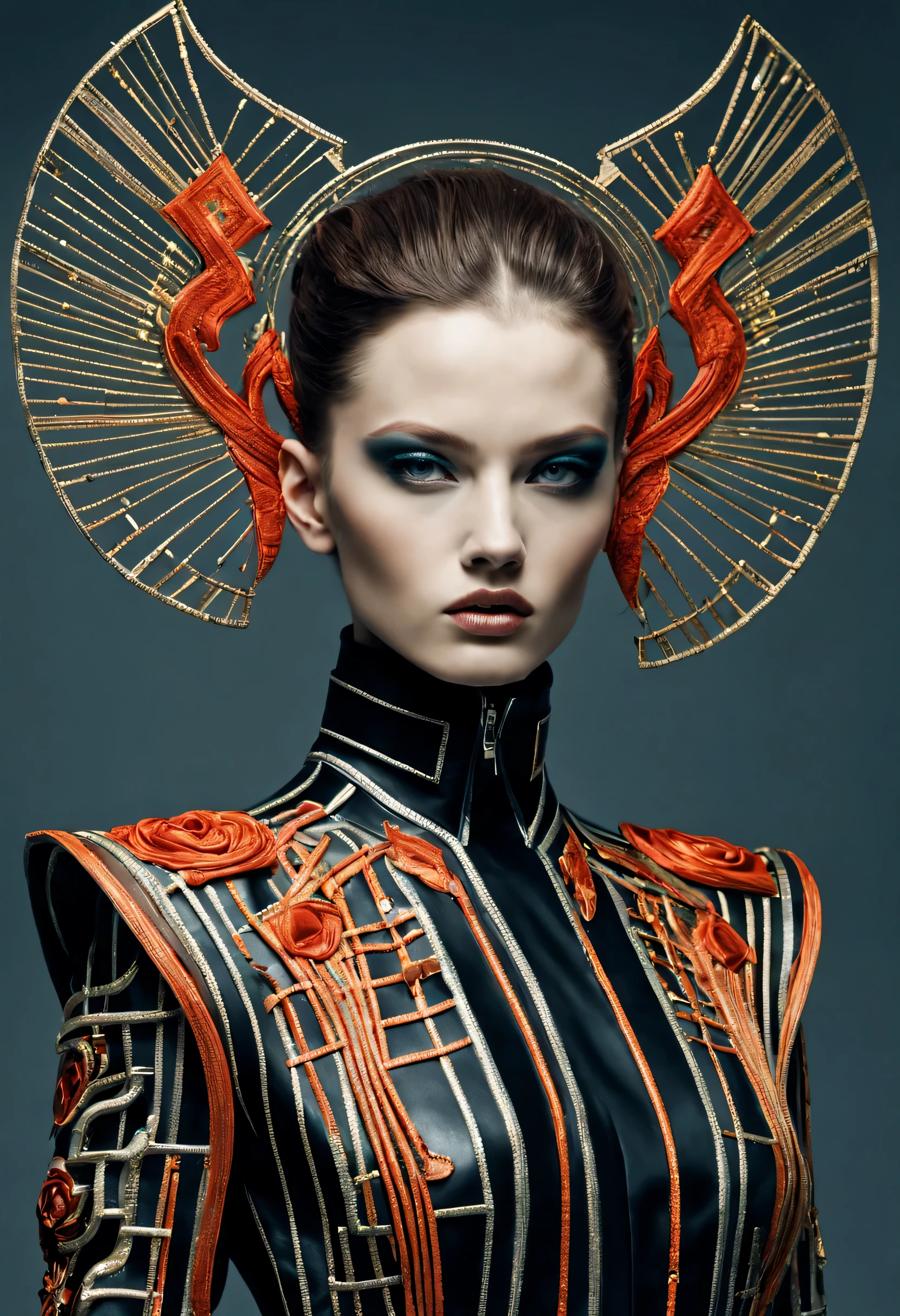 A futuristic fashionista emerges as a cyber matrix muse, her attire a blend of digital decadence and retro-futuristic opulence, pushing the boundaries of fashion.,  embroidery_on_photo : 1.4 , high fashion, trendy, stylish, editorial, magazine style, professional, highly detailed