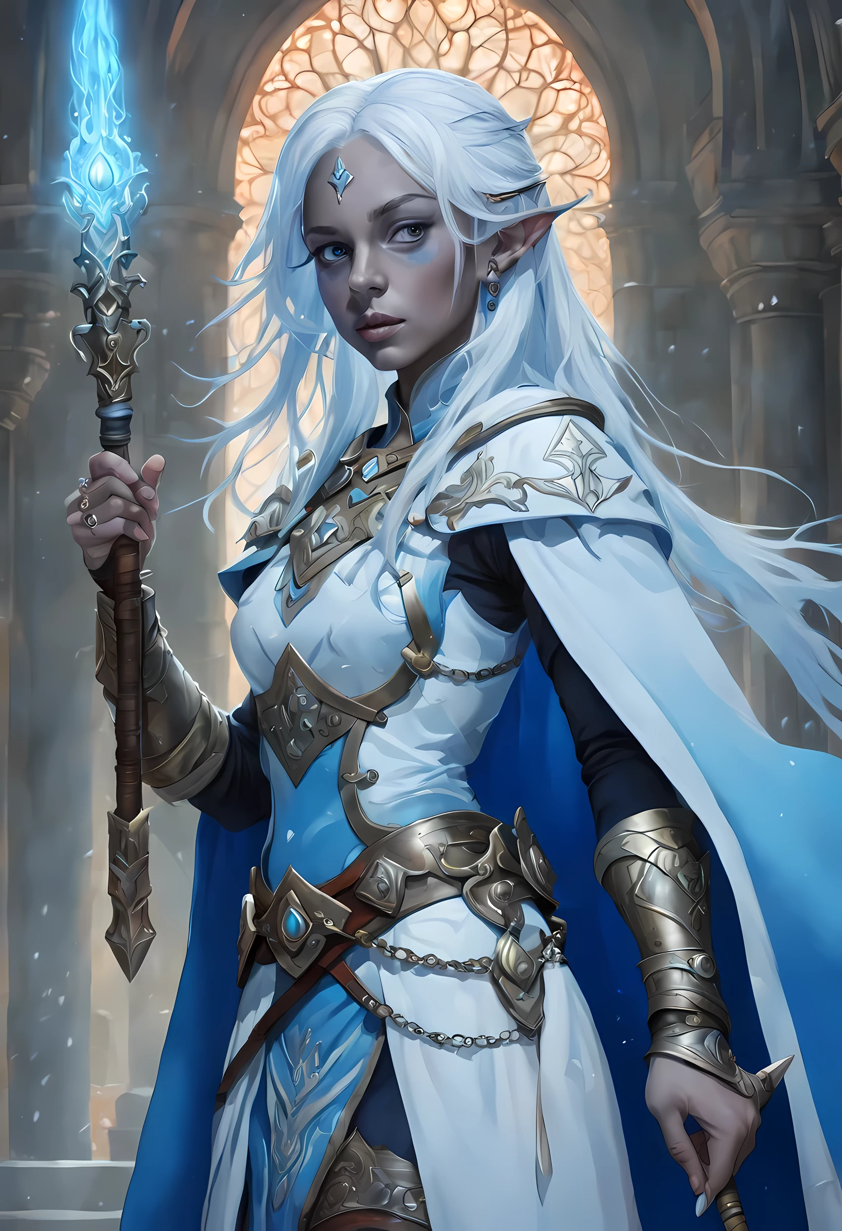 fantasy art, dnd art, RPG art, wide shot, (masterpiece: 1.4) a (portrait: 1.3) intense details, highly detailed, photorealistic, best quality, highres, portrait a female (fantasy art, Masterpiece, best quality: 1.3) bl3uprint (blue skin: 1.5), intense details facial details, exquisite beauty, (fantasy art, Masterpiece, best quality) cleric, (blue: 1.3) skinned female, (white hair: 1.3), long hair, intense (green: 1.3) eye, fantasy art, Masterpiece, best quality) armed a fiery sword red fire, wearing heavy (white: 1.3) half plate mail armor, wearing high heeled laced boots, wearing an(orange :1.3) cloak, wearing glowing holy symbol GlowingRunes_yellow, within fantasy temple background, reflection light, high details, best quality, 16k, [ultra detailed], masterpiece, best quality, (extremely detailed), close up, ultra wide shot, photorealistic, RAW, fantasy art, dnd art, fantasy art, realistic art,((best quality)), ((masterpiece)), (detailed), perfect face, ((no ears: 1.6))