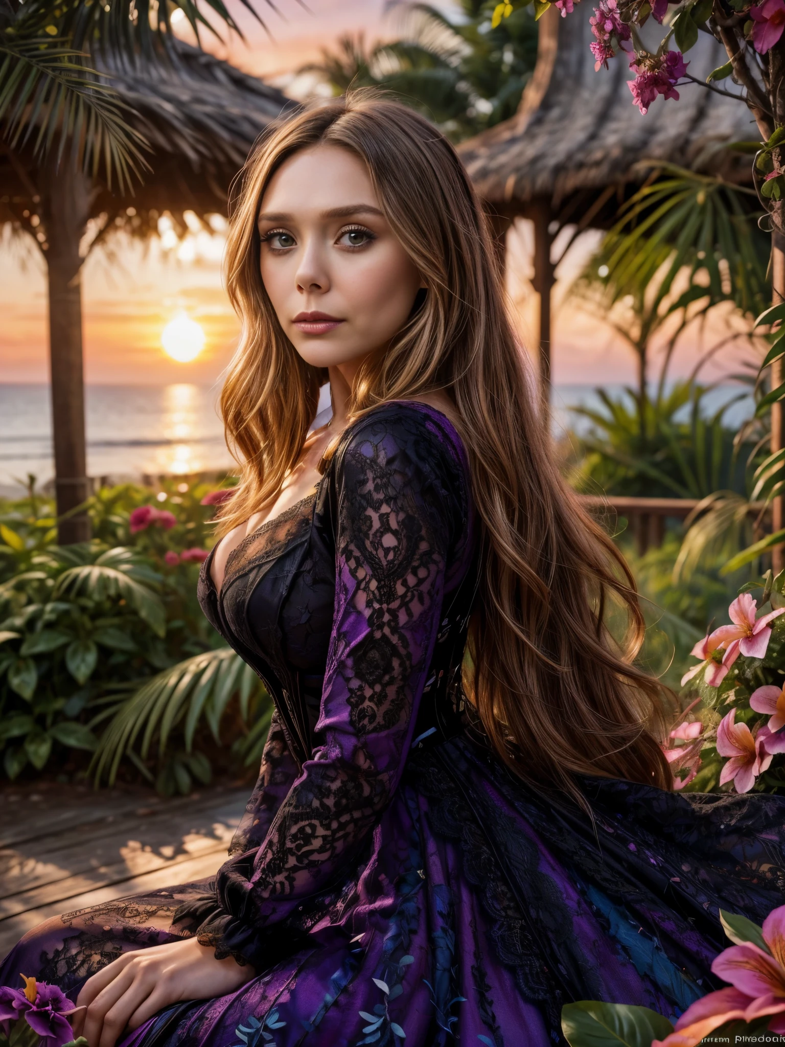 Foto hiperrealista en primer plano de Elizabeth Olsen masterpiece, best quality, (photorealistic:1.4), (purple evening dress with black lace details:1.2), cinematic light, skinny, medium breasts, long wavy hair, detailed face, facing the camera, summer, tropical, jungle, ((surrounded by beautiful flowers:1.1)), whimsical, intricate brush strokes, beautiful lighting, intricate details, Unreal Engine, creative, expressive, detailed, colorful, digital art, unique, (gorgeous sunset:1.3), suggestive pose, (vivid colors:1.2),