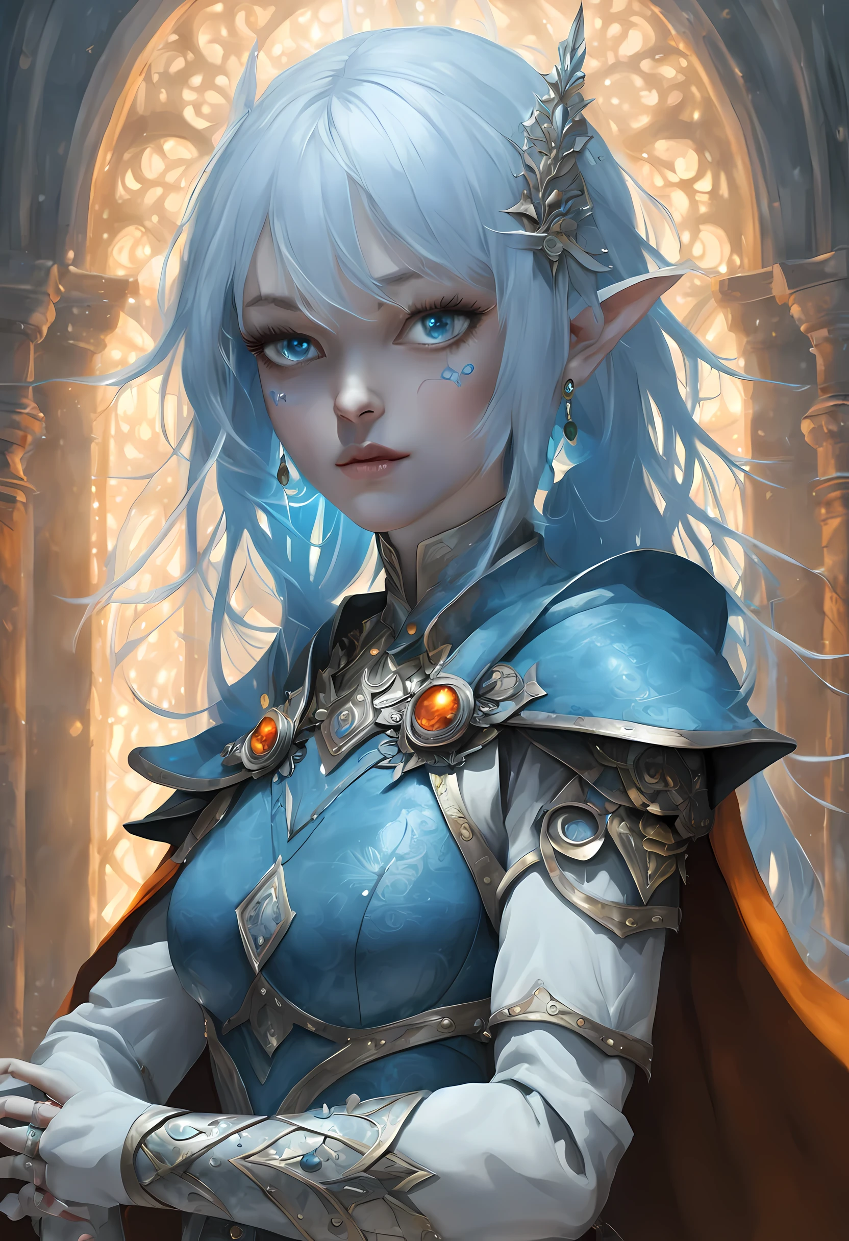 fantasy art, dnd art, RPG art, wide shot, (masterpiece: 1.4) a (portrait: 1.3) intense details, highly detailed, photorealistic, best quality, highres, portrait a female (fantasy art, Masterpiece, best quality: 1.3) bl3uprint (blue skin: 1.5), intense details facial details, exquisite beauty, (fantasy art, Masterpiece, best quality) cleric, (blue: 1.3) skinned female, (white hair: 1.3), long hair, intense (green: 1.3) eye, fantasy art, Masterpiece, best quality) armed a fiery sword red fire, wearing heavy (white: 1.3) half plate mail armor, wearing high heeled laced boots, wearing an(orange :1.3) cloak, wearing glowing holy symbol GlowingRunes_yellow, within fantasy temple background, reflection light, high details, best quality, 16k, [ultra detailed], masterpiece, best quality, (extremely detailed), close up, ultra wide shot, photorealistic, RAW, fantasy art, dnd art, fantasy art, realistic art,((best quality)), ((masterpiece)), (detailed), perfect face, ((no ears: 1.6))