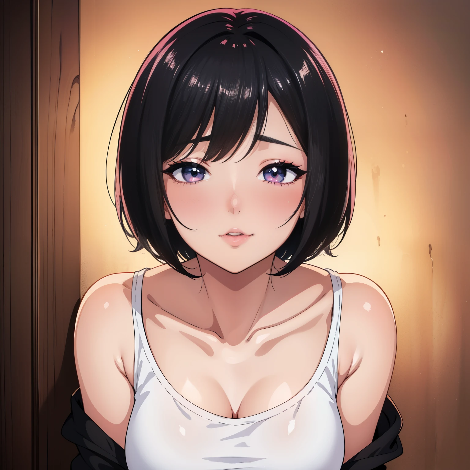 Sexy and cute woman, short black hair, bob style, kind soft delicate eyes, expressive eyes, seductive gaze, deepest pink blush, glossy red lips smiling parted, plump, long neck, visible collarbone, medium chest, white t shirt with black graphics tucked into black shiny pants, pinned against a wooden wall, intimate moment