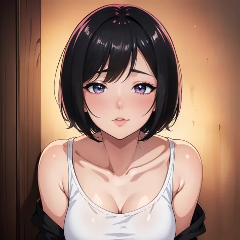Sexy and cute woman, short black hair, bob style, kind soft delicate eyes, expressive eyes, seductive gaze, deepest pink blush, glossy red lips smiling parted, plump, long neck, visible collarbone, medium chest, white t shirt with black graphics tucked int...