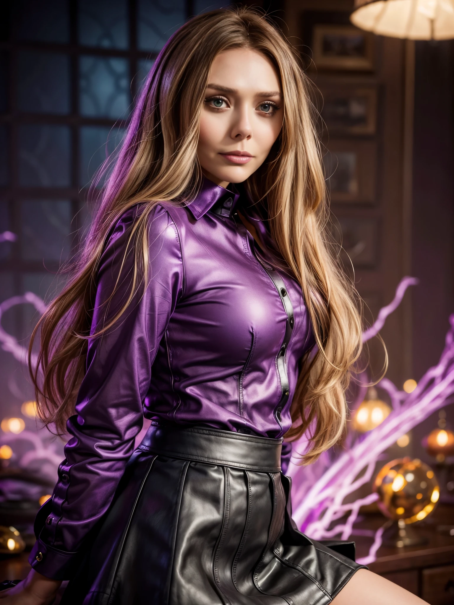 arafed woman (Elizabeth Olsen) wearing purple satin collared shirts, (buttoned up), long sleeves, leather miniskirt, looking at viewer, sensual expression, (sexy smile), whimsical, intricate brush strokes, beautiful lighting, intricate details, Unreal Engine, creative, expressive, detailed, colorful, digital art, unique, suggestive pose, (vivid colors:1.2), back