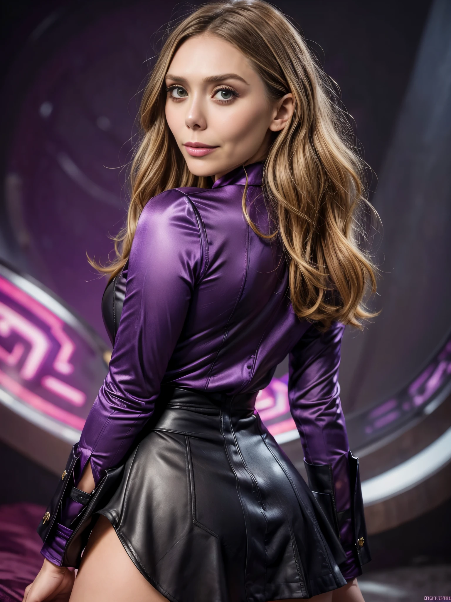 arafed woman (Elizabeth Olsen) wearing purple satin collared shirts, (buttoned up), long sleeves, leather miniskirt, looking at viewer, sensual expression, (sexy smile), whimsical, intricate brush strokes, beautiful lighting, intricate details, Unreal Engine, creative, expressive, detailed, colorful, digital art, unique, suggestive pose, (vivid colors:1.2), back