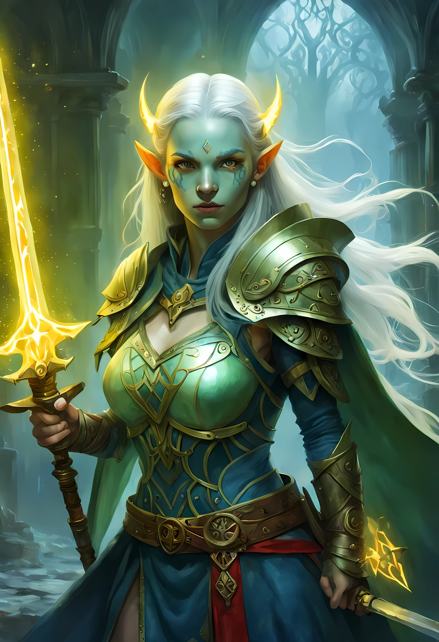 fantasy art, dnd art, RPG art, wide shot, (masterpiece: 1.4) a (portrait: 1.3) intense details, highly detailed, photorealistic, best quality, highres, GlowingRunesAI_yellow, portrait a female (fantasy art, Masterpiece, best quality: 1.3) bl3uprint ((blue skin: 1.5)) intense details facial details, exquisite beauty, (fantasy art, Masterpiece, best quality) cleric, (blue: 1.3) skinned female, (white hair: 1.3), long hair, intense (green: 1.3) eye, fantasy art, Masterpiece, best quality) armed a fiery sword red fire, wearing heavy (white: 1.3) half plate mail armor, wearing high heeled laced boots, wearing an(orange :1.3) cloak, wearing glowing holy symbol GlowingRunes_yellow, within fantasy temple background, reflection light, high details, best quality, 16k, [ultra detailed], masterpiece, best quality, (extremely detailed), close up, ultra wide shot, photorealistic, RAW, fantasy art, dnd art, fantasy art, realistic art,((best quality)), ((masterpiece)), (detailed), perfect face, ((no ears: 1.6))