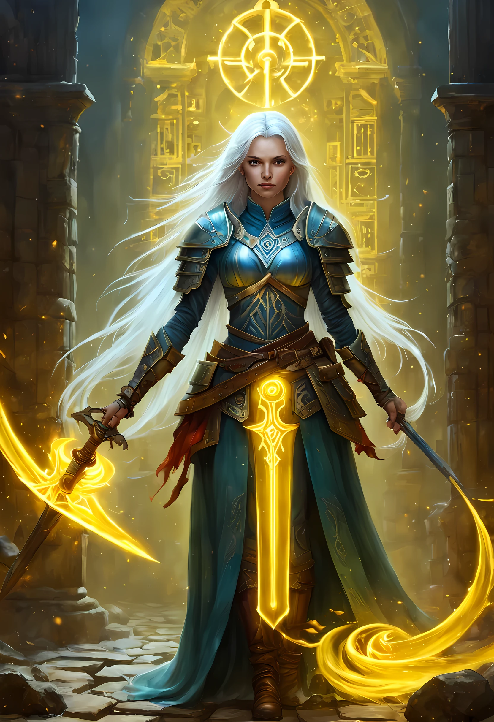fantasy art, dnd art, RPG art, wide shot, (masterpiece: 1.4) a (portrait: 1.3) intense details, highly detailed, photorealistic, best quality, highres, GlowingRunesAI_yellow, portrait a female (fantasy art, Masterpiece, best quality: 1.3) , blue skasy art, Masterpiece, best quality: 1.3), intense details facial details, exquisite beauty, (fantasy art, Masterpiece, best quality) cleric, (blue: 1.3) skinned female, (white hair: 1.3), long hair, intense (green: 1.3) eye, fantasy art, Masterpiece, best quality) armed a fiery sword red fire, wearing heavy (white: 1.3) half plate mail armor, wearing high heeled laced boots, wearing an(orange :1.3) cloak, wearing glowing holy symbol GlowingRunes_yellow, within fantasy temple background, reflection light, high details, best quality, 16k, [ultra detailed], masterpiece, best quality, (extremely detailed), close up, ultra wide shot, photorealistic, RAW, fantasy art, dnd art, fantasy art, realistic art,((best quality)), ((masterpiece)), (detailed), perfect face, ((no ears: 1.6))