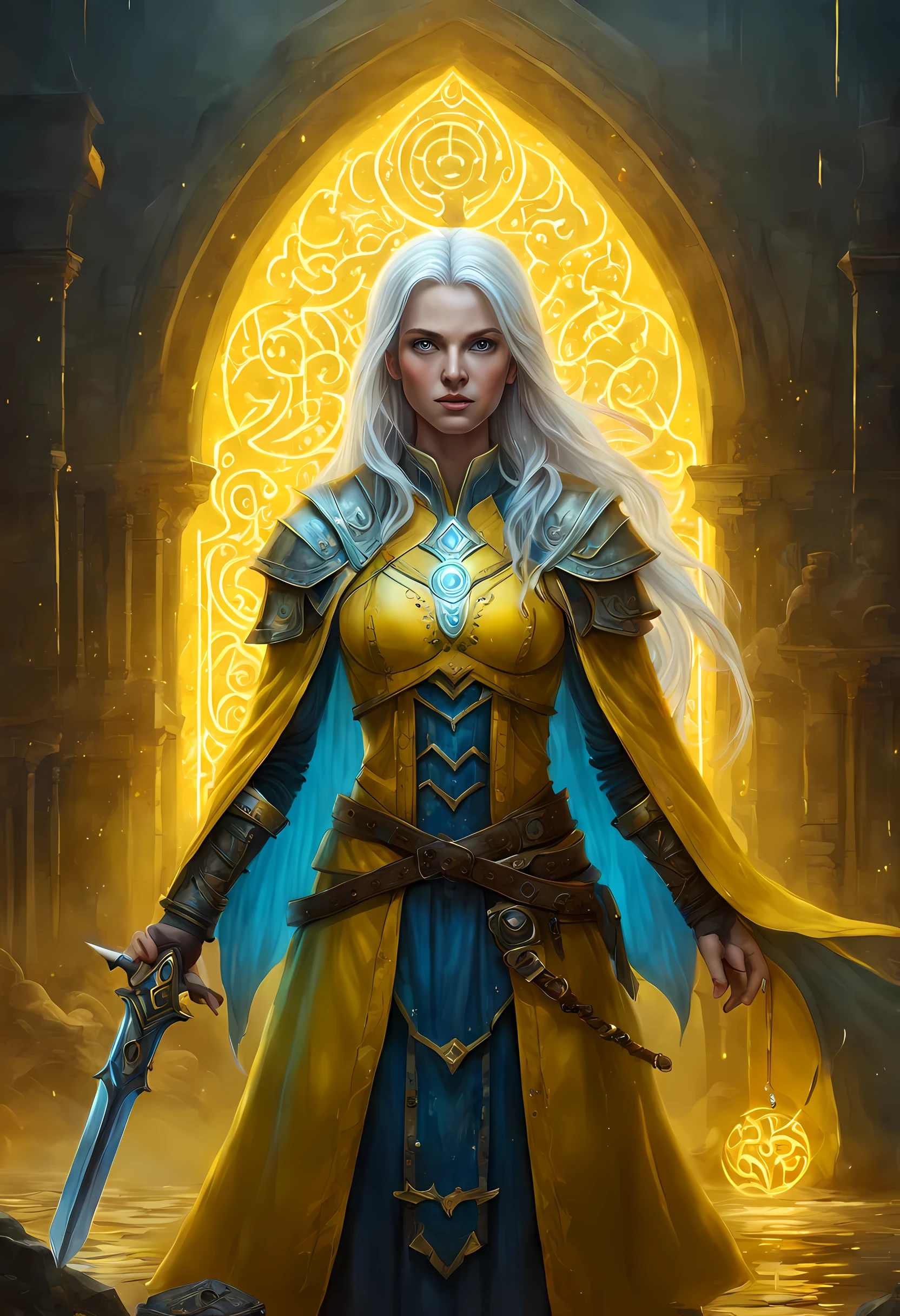 fantasy art, dnd art, RPG art, wide shot, (masterpiece: 1.4) a (portrait: 1.3) intense details, highly detailed, photorealistic, best quality, highres, GlowingRunesAI_yellow, portrait a female (fantasy art, Masterpiece, best quality: 1.3) , blue skasy art, Masterpiece, best quality: 1.3), intense details facial details, exquisite beauty, (fantasy art, Masterpiece, best quality) cleric, (blue: 1.3) skinned female, (white hair: 1.3), long hair, intense (green: 1.3) eye, fantasy art, Masterpiece, best quality) armed a fiery sword red fire, wearing heavy (white: 1.3) half plate mail armor, wearing high heeled laced boots, wearing an(orange :1.3) cloak, wearing glowing holy symbol GlowingRunes_yellow, within fantasy temple background, reflection light, high details, best quality, 16k, [ultra detailed], masterpiece, best quality, (extremely detailed), close up, ultra wide shot, photorealistic, RAW, fantasy art, dnd art, fantasy art, realistic art,((best quality)), ((masterpiece)), (detailed), perfect face, ((no ears: 1.6))