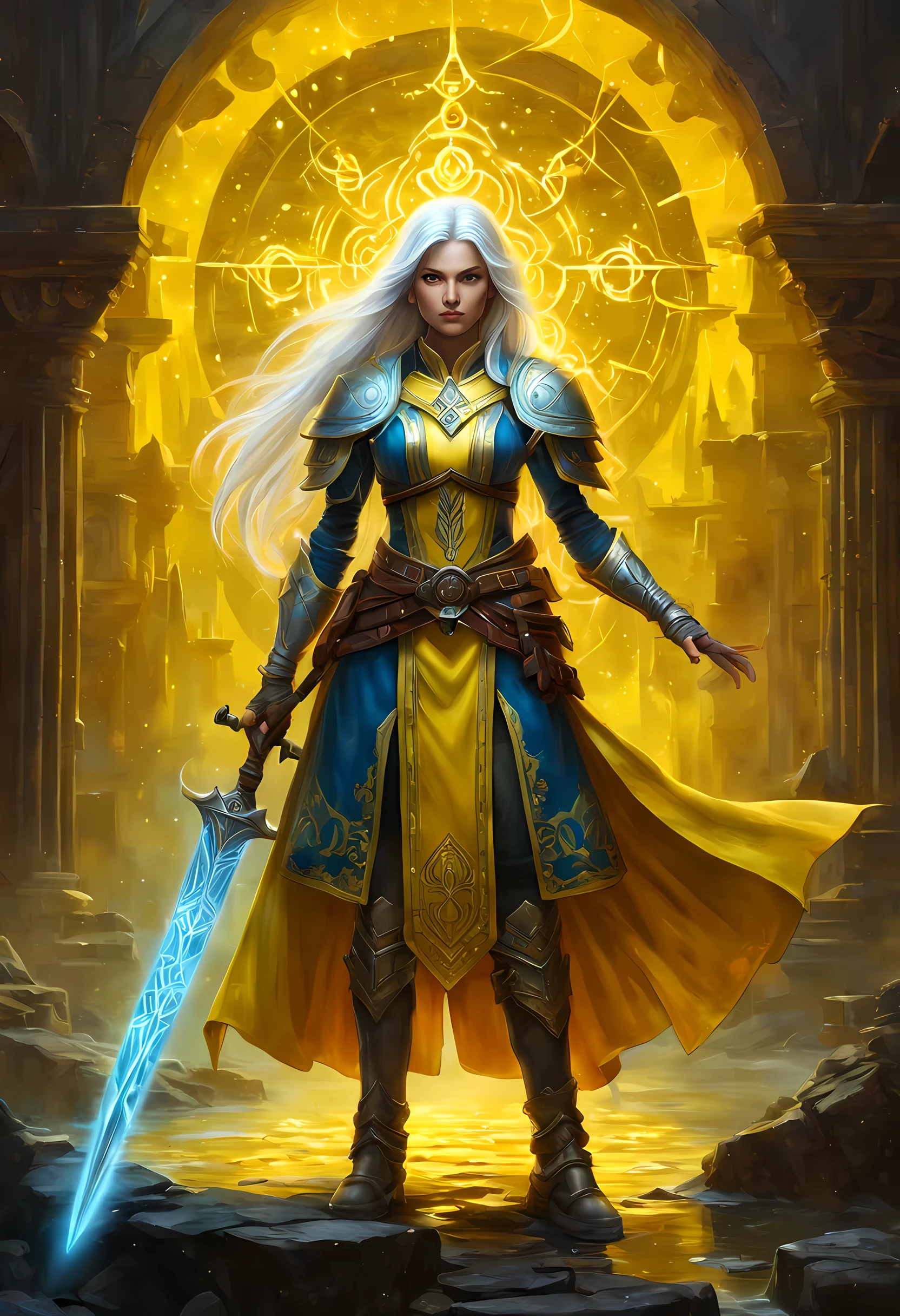 fantasy art, dnd art, RPG art, wide shot, (masterpiece: 1.4) a (portrait: 1.3) intense details, highly detailed, photorealistic, best quality, highres, GlowingRunesAI_yellow, portrait a female (fantasy art, Masterpiece, best quality: 1.3) , blue skasy art, Masterpiece, best quality: 1.3), intense details facial details, exquisite beauty, (fantasy art, Masterpiece, best quality) cleric, (blue: 1.3) skinned female, (white hair: 1.3), long hair, intense (green: 1.3) eye, fantasy art, Masterpiece, best quality) armed a fiery sword red fire, wearing heavy (white: 1.3) half plate mail armor, wearing high heeled laced boots, wearing an(orange :1.3) cloak, wearing glowing holy symbol GlowingRunes_yellow, within fantasy temple background, reflection light, high details, best quality, 16k, [ultra detailed], masterpiece, best quality, (extremely detailed), close up, ultra wide shot, photorealistic, RAW, fantasy art, dnd art, fantasy art, realistic art,((best quality)), ((masterpiece)), (detailed), perfect face, ((no ears: 1.6))