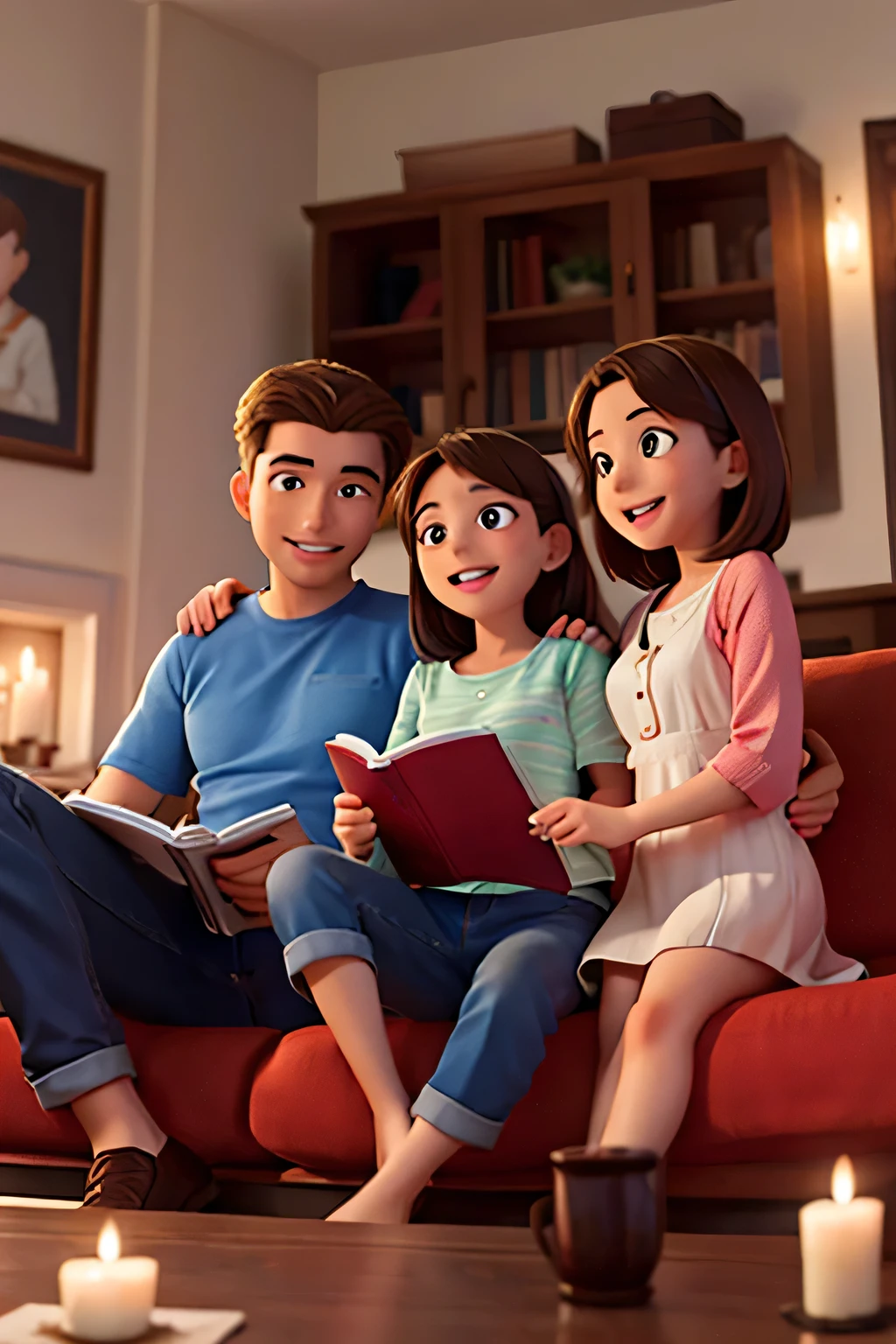 A family enjoying the evening together on the couch. Father is reading aloud to his wife and his little children, Com um sorriso no rosto.