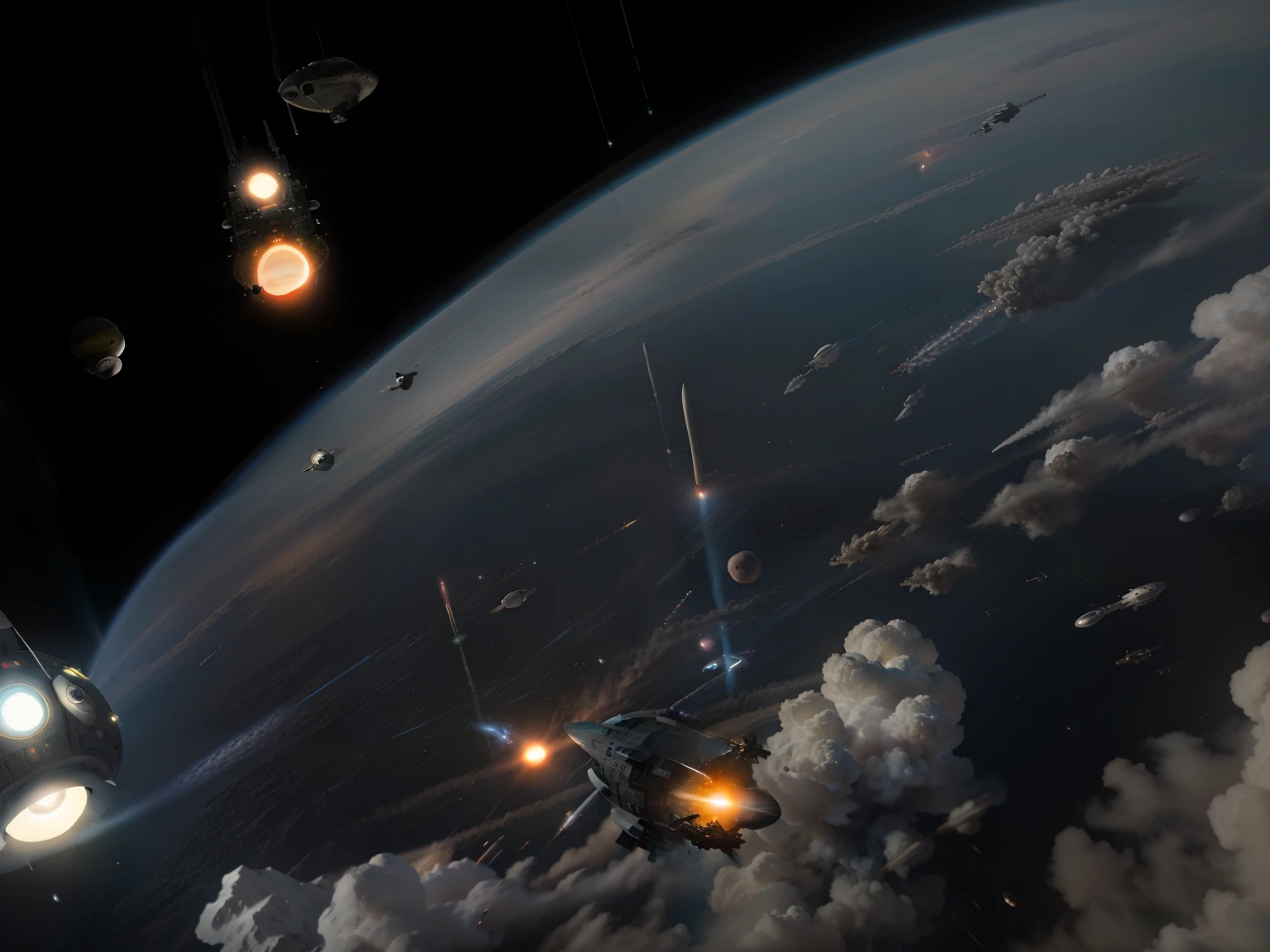 orbital drop, orbital bombardment, pods falling to a planet, (Starships dropping pods to a planet surface), planet being invaded with pods, nuclear explosions on a planet's surface, photo realistic, hyper realistic, futuristic invasion, starships dropping pods and kinetic weapon fire, streams of weapon fire to the planet, nuclear explosions on the planet