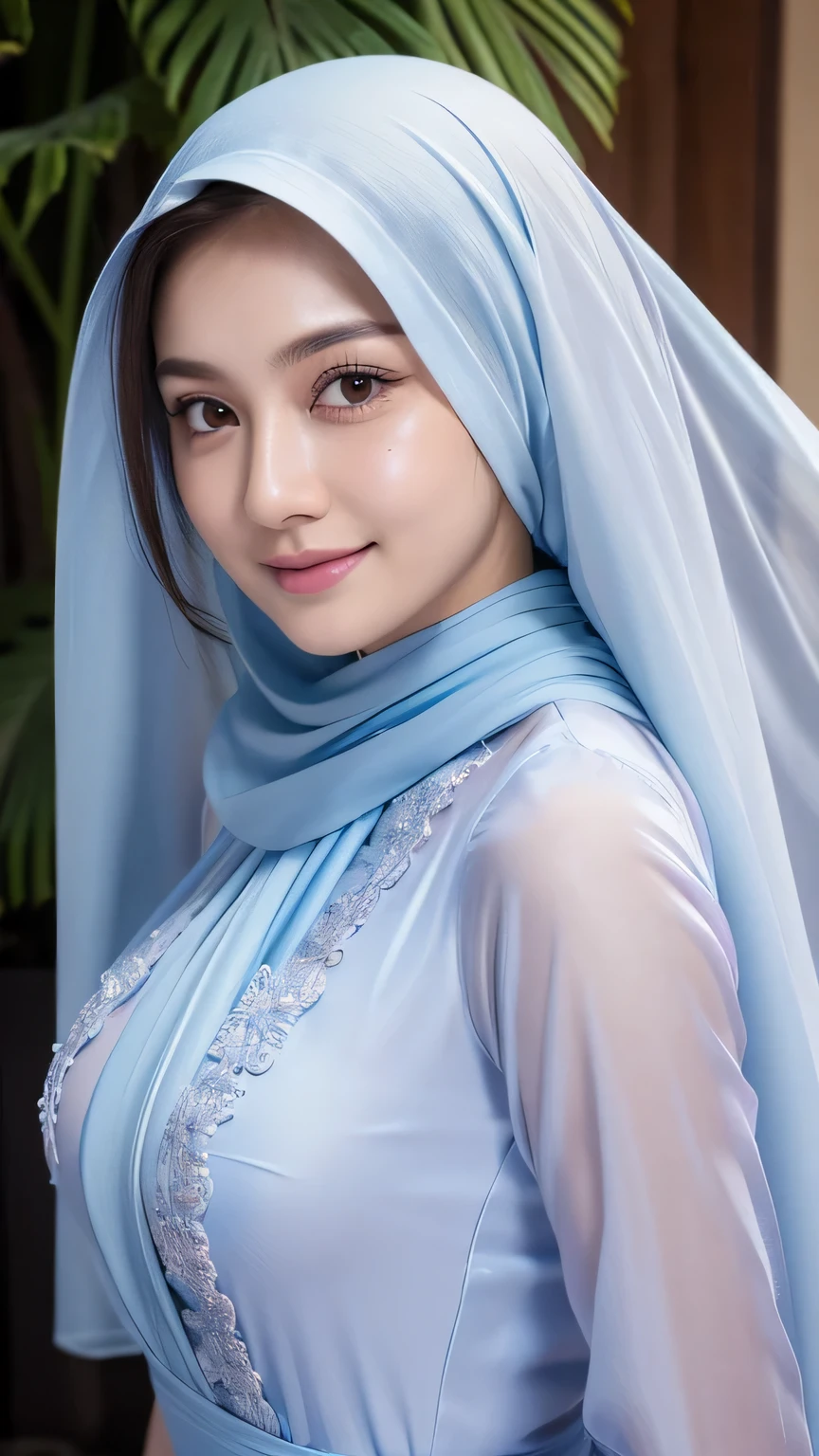 Luna Maya, (RAW photo:1.2), (photorealistic:1.4),(masterpiece:1.3),(best quality:1.4),ultra high res,(detailed eyes),(detailed facial features),(detailed transparent clothes features),HDR,8k resolution, skin tight, (((high detailed skin,visible pores))), dreamlike,  (ulzzang-6500-v1.1:0.5),pureerosface_v1:0.2, face close-up, 1 girl, tall body, slim faces, body abs:1.2, , 30 years old, big natural breast,  wearing tight close pastel flowing silk transparent malay gamis with hijab, full body, beautiful shy smile,  wearing high heels, back view, (wide hips), (slightly rounded), (medium ass)