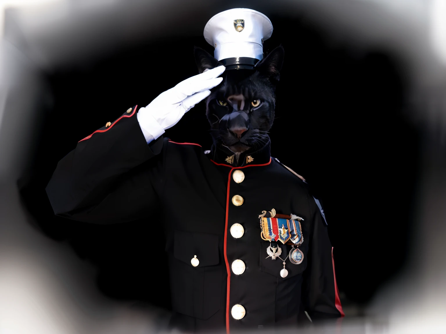 anthro male cat marine in formal uniform saluting, (black cat 1:1), black panther, (cat), male feline character, futuristic marine anthro character, photo realistic, photo real, masterpiece, (anthro male cat), hyper realistic black cat in formal marine uniform