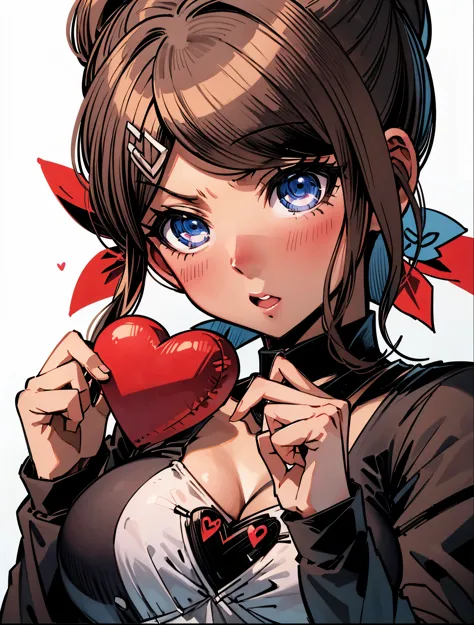 Aoi asahina, blushing, holding a red heart shaped box in her hands, cute