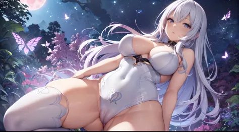 (only one girl, 1girl, one girl, full body, white hair, in blue swimsuit, tight clothes, blue alluring eyes, thick thighs, very thin waist, slim hips, open legs, cameltoe, big cameltoe, big pussy), ((anime-style artwork),colorful shades, Hyper detailed, hi...