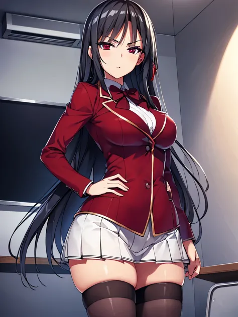a woman in red school uniform,black hair, red eyes, classroom
masterpeace, best quality, (extremely detailed CG:1.4), highly detailed faces