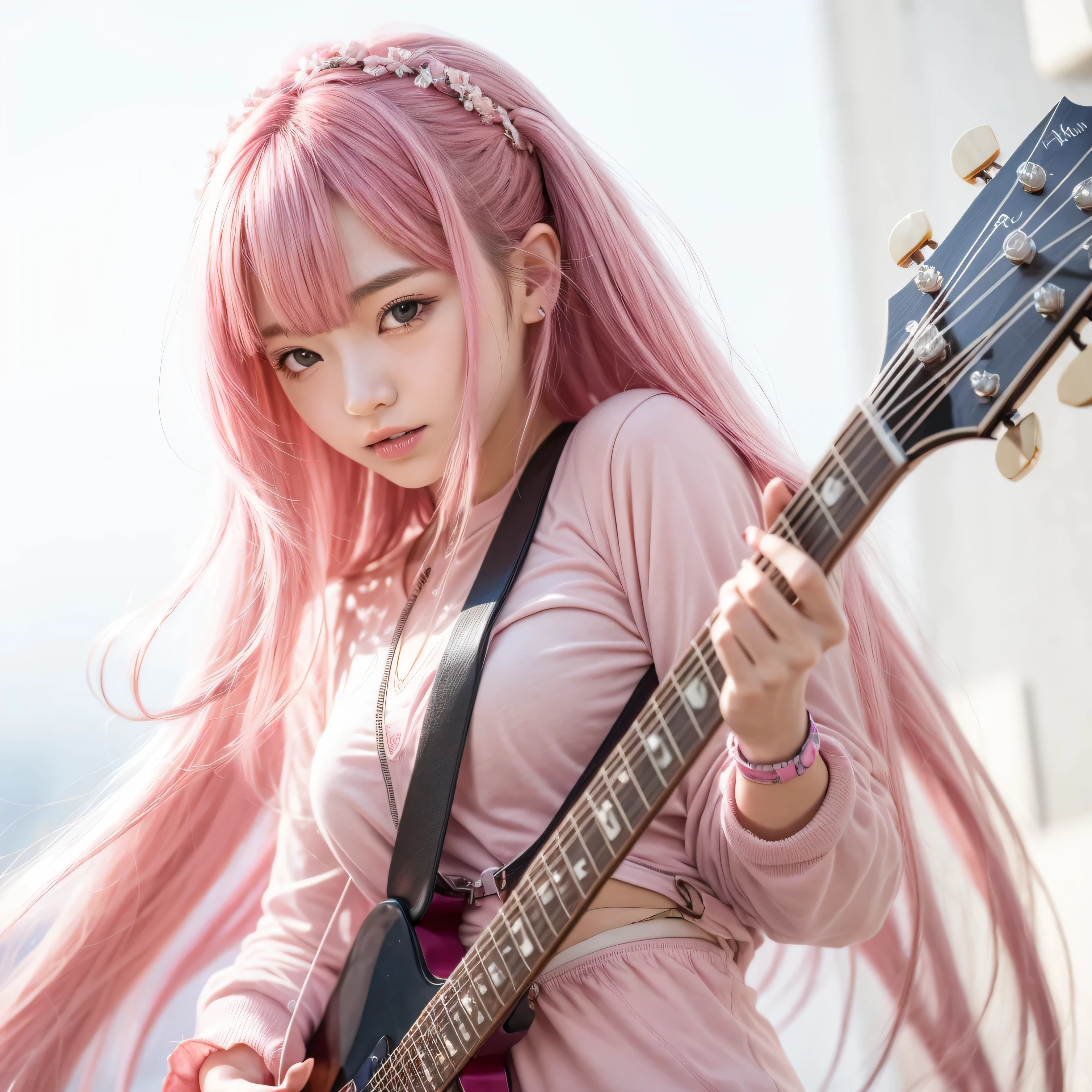 girl with pink hair holding a guitar and wearing a pink outfit, guitar solo, marin kitagawa fanart,  pink girl, open eyes,