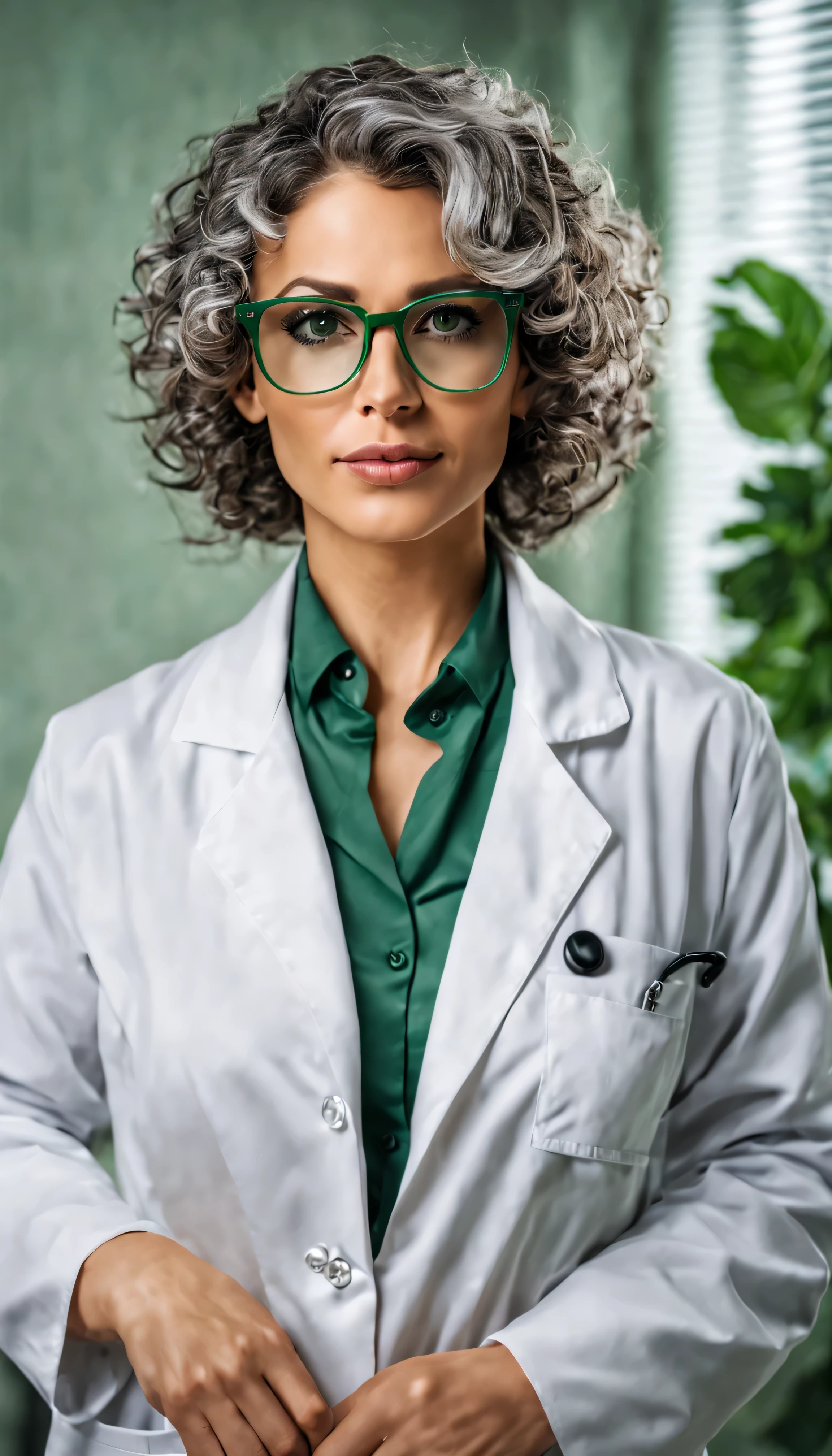 Belle femme médecin, style réaliste , 30 ans, cheveux gris bouclés mi-longs , yeux marron foncé, Porter des lunettes vertes  , Porter une blouse blanche de vétérinaire , fond d&#39;image: cabinet médical verdoyant , gros seins