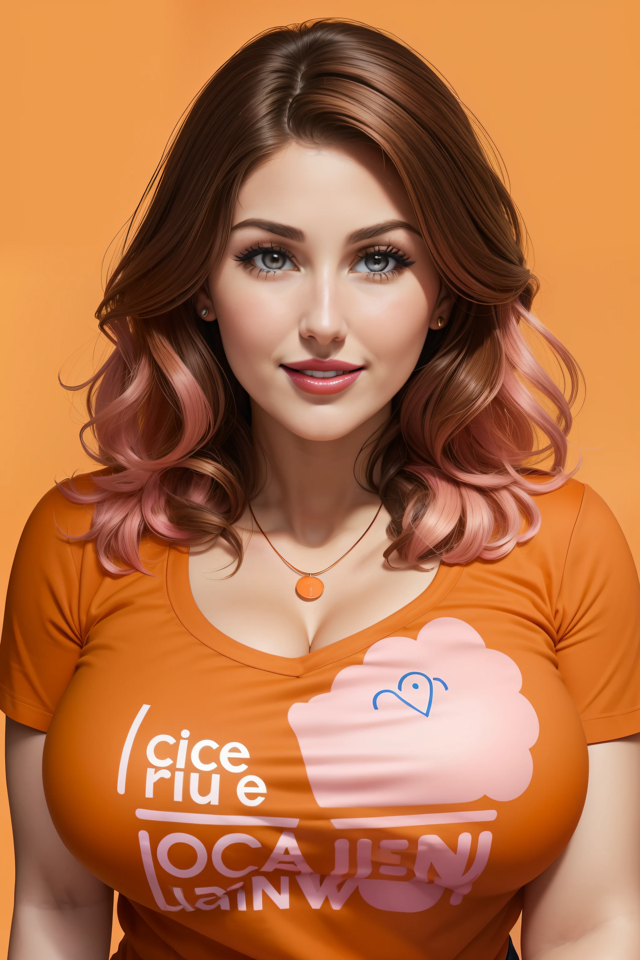 A woman with pink hair wearing an orange shirt and a necklace - SeaArt AI