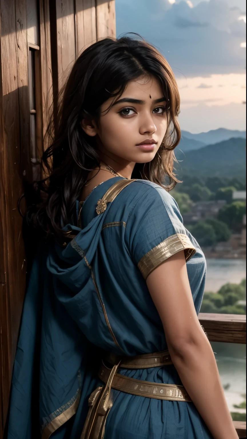 masterpiece, top quality, highly detailed, Unity 8k wallpaper, firmament, indian girl 1 person, heavy machinery, hair between eyes, age: 20, looking back, pretty face, blue neeso, baggy cloths