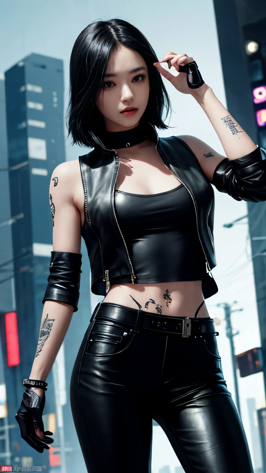 highest quality，masterpiece，Super detailed，8K, UHD，Beautiful woman，japanese woman，Expressionless，(Topless)，whole body，((tattoo))，slim，black leather pants，black leather vest，(female mafia)，gangster，(cyberpunk city)，night，cinematic lightening，movie poster，underworld