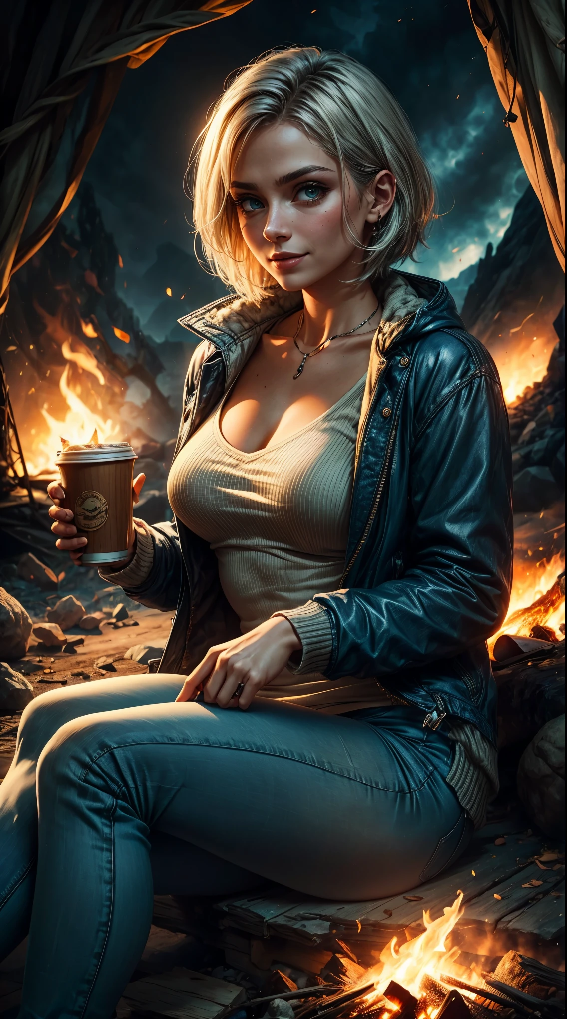 Tia is shown to have a fairly slender figure. She has white-grey hair , she has short hair and large pale green eyes, certainly!  The girl might be wearing comfortable jeans and a warm jacket or sweater.  She may be holding a hot cup in her hands or sitting near a campfire enjoying the warmth created by the flickering flame.  Her face may be illuminated by the flash of fire, and her enchanting eyes may appear as she looks toward the flames.  She may be enjoying the moment and relaxing as she listens to the sound of the fire, or she may simply be smiling as she enjoys the calm and relaxing atmosphere.  The tent can draw attention in the background and may be skewed irregularly from the influence of the wind., cleavage exposed, medium breasts, superior quality, many details, Puri focus  Sharp and realistic