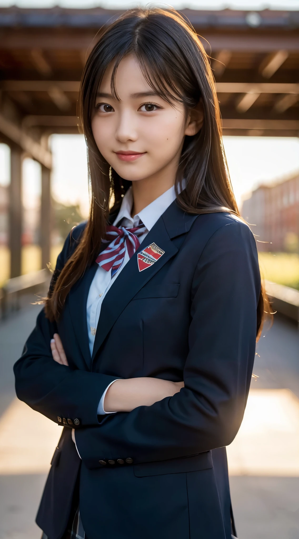 (highest quality,8K quality,masterpiece:1.3),(ultra high resolution,photorealistic:1.4,Live shooting),(Super detailed,caustics,detailed background),(ultra-realistic capture,Beautifully detailed skin,perfect anatomy),at dusk,sunset sky,school building,schoolyard,14 years old,cute,single eyelid,black long hair,School Blazer Uniform,Looking at the camera,A sloppy smile,bust up shot,Natural light