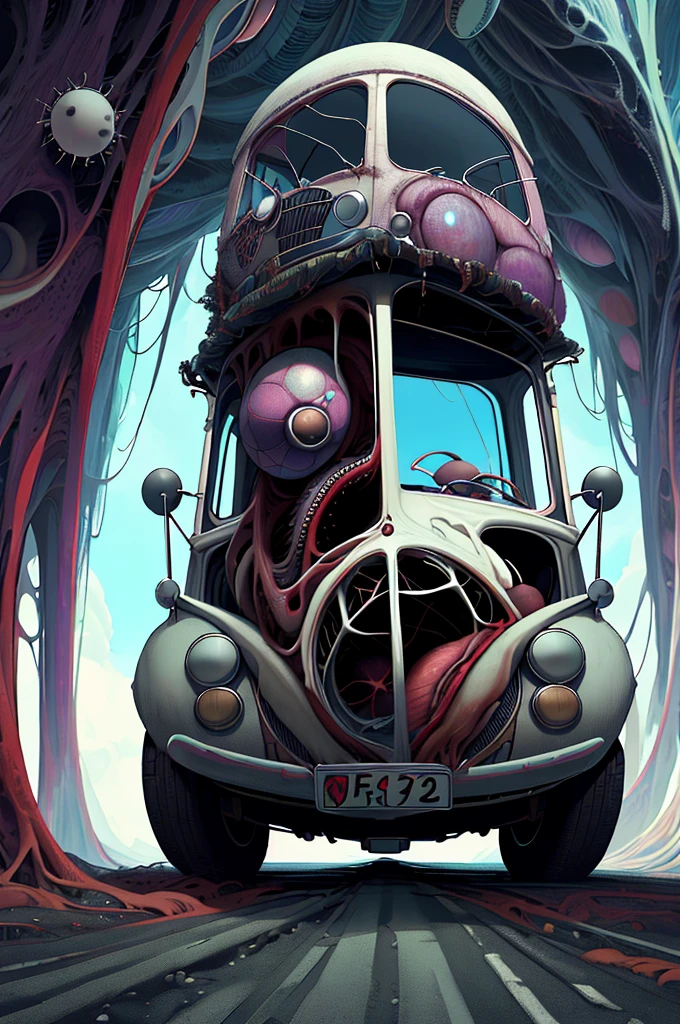 Volkswagen Fusca futurista preto em uma rodovia interdimensional. Cosmic horror setting with Lovecraftian monsters nearby, arte conceitual, fotografia de retrato, fantasia sombria, fotografia, cinemactic,
