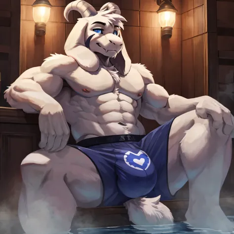 Undertale, ((Asriel Dreemurr))) with ((neck tuft)) and ((fluffy tail) and ((light navy blue eyes)), (detailed white goat x Asriel Dreemurr), (detailed lighting), ((detailed fluffy skin)), slightly muscular body, (small goat tail), uploaded to e621, [NSFW, ...