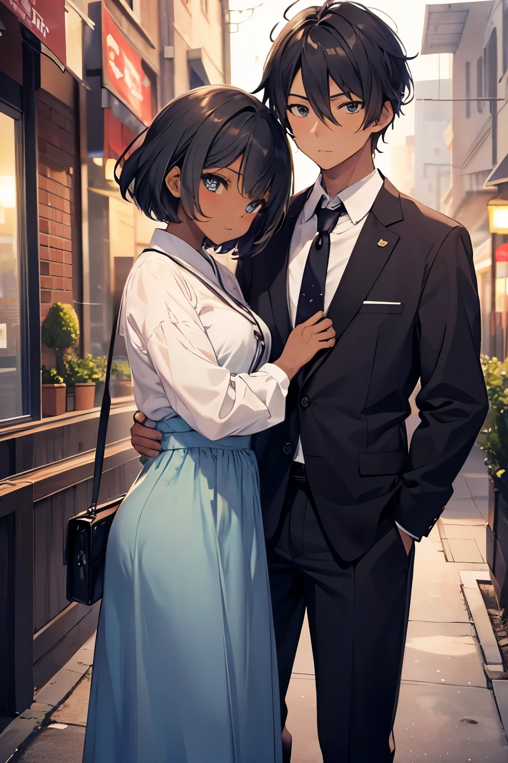 Anime couple in formal attire standing on sidewalk in urban area - SeaArt AI