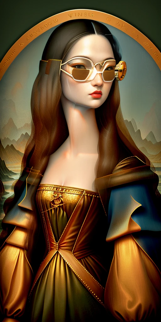 |Mona Lisa intricate details, futuristic outfit, gorgeous, weird, serious with VR Glasses which is a plan for the design of a computer in the style of Leonardo Da Vinci