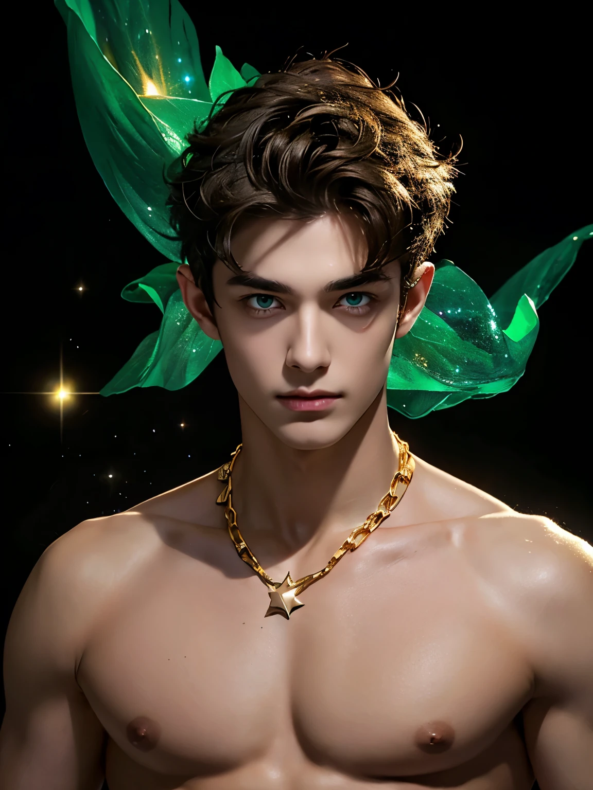 Attractive guy , the boy has very short brown hair, Emerald eyes, on a black background - galaxy , stars . The Magic Look ! naked torso, large puffy nipples, gold chain with emerald around the neck.  top quality portrait photo !