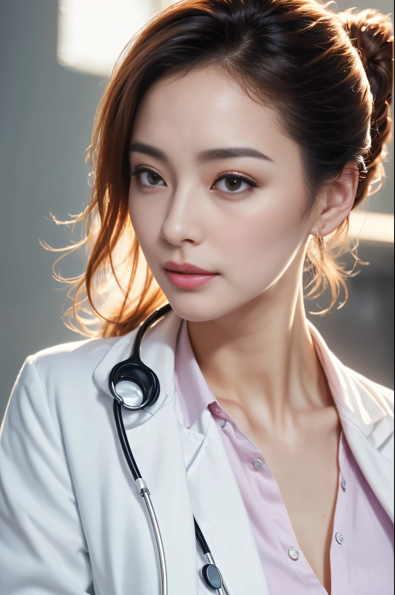 (sfw:1.3)、Photorealistic beautiful doctor、1 female、masterpiece、doctors white coat, collared shirt、(highest quality、8K、32K、masterpiece、sfw:1.3)、(Photoreal:1.3)、Raw photo, detailed face,,beautiful hair,skin that looks real、 ((Doctor Style)), big breasts, black tight skirt、 natural makeup、inside hospital, detailed background, perfect lighting, Depth of bounds written, Stethoscope ,