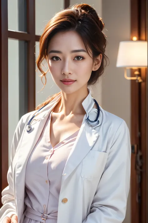 (sfw:1.3)、Photorealistic beautiful doctor、1 female、masterpiece、doctors white coat, collared shirt、(highest quality、8K、32K、master...