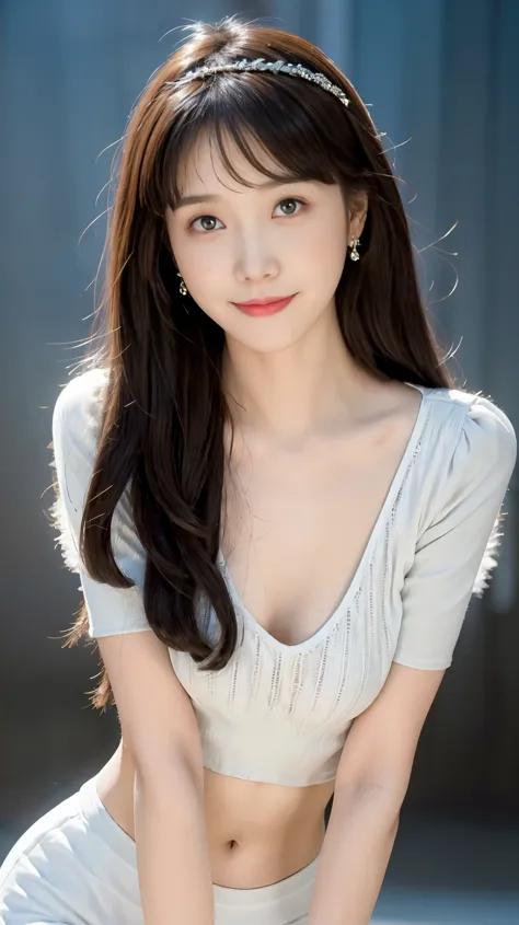 sweet smile、night、original photography、(((ultimate beauty portrait)))、((sparkling skin))、1 girl、 15 year old beautiful girl、bright expression、((dark brown hair))、(cleavage)、 (white crop top: 1.4), tight leather pants，（red lips：2.0）, The face is super delic...