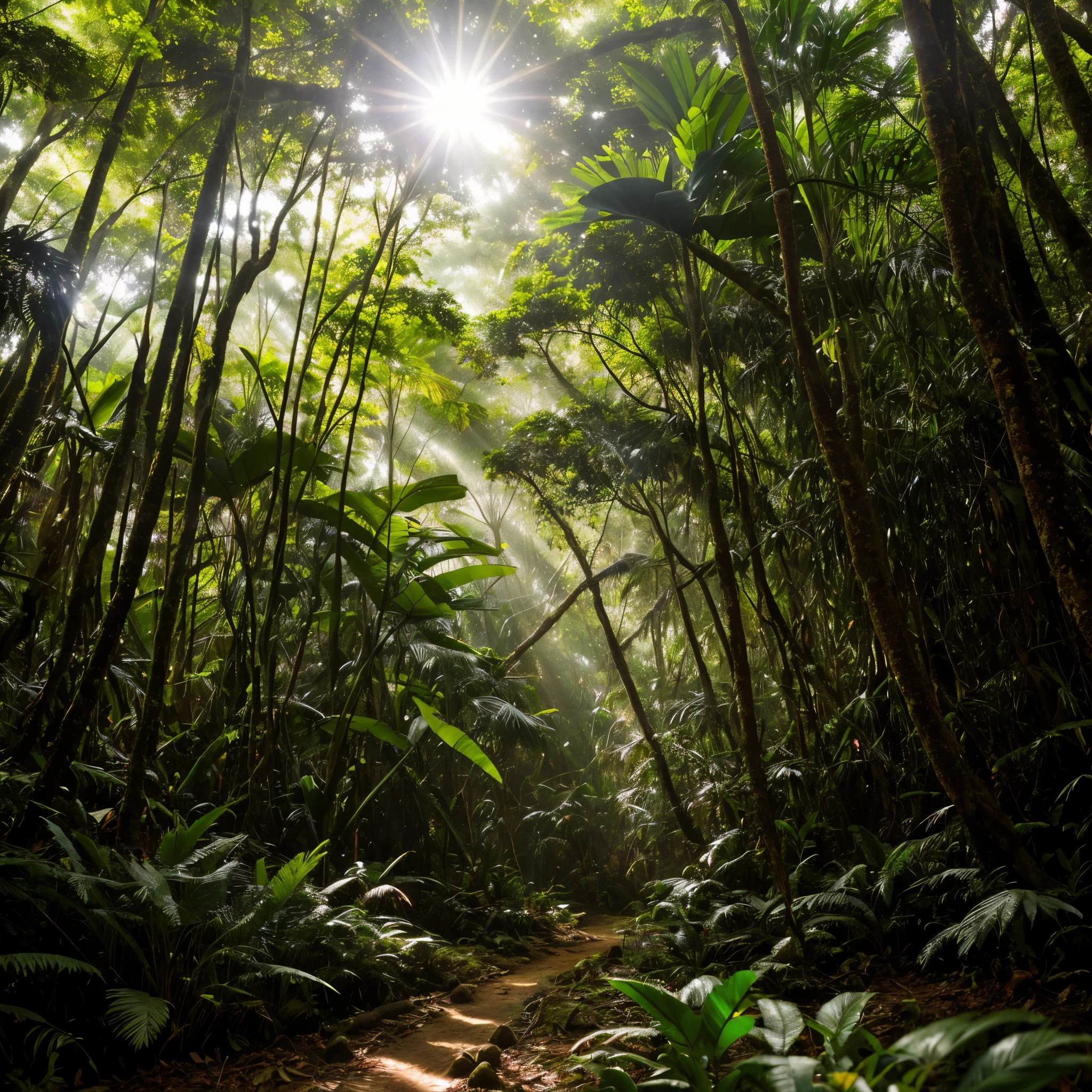 dense brazilian rainforest, ground level, lots of trees, sunlight coming through the canopy,