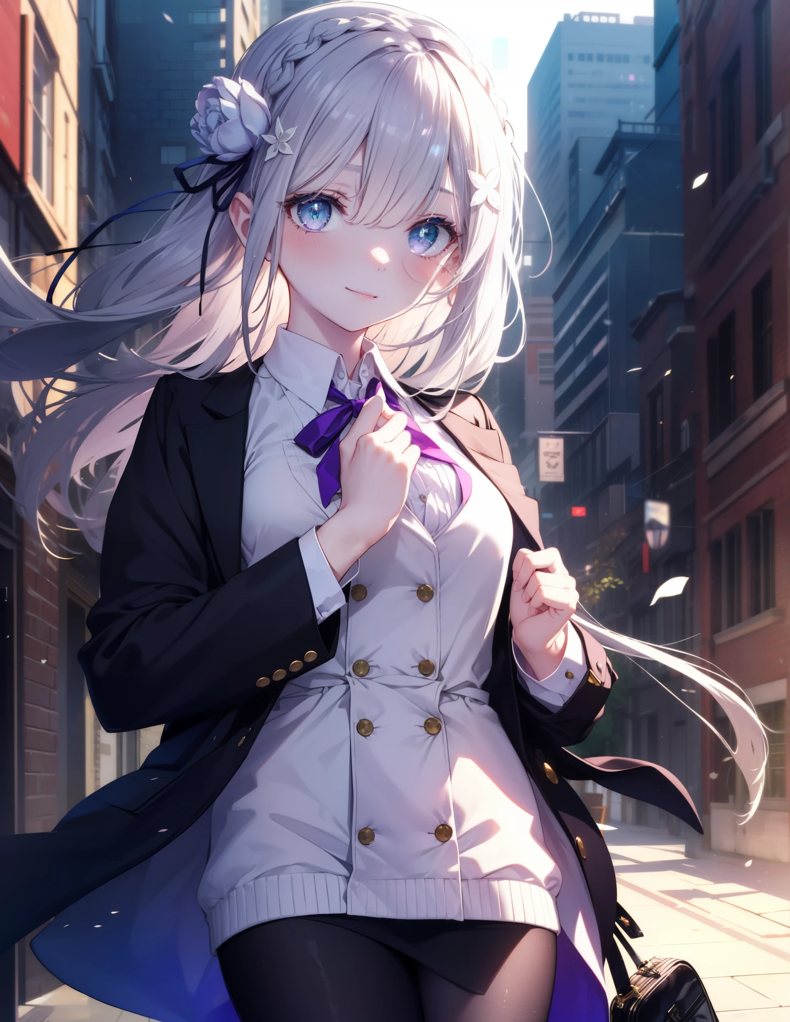 reZEROEmilia, emilia, Braid, crown Braid, flower, hair flower, hair ornaments, hair ribbon, long hair, headlock, (purple eyes:1.2), pointed ears, white flower, x hair ornaments, close your mouth,red glasses, fund, black suit jacket, collared jacket, white dress shirt, collared shirt, neckline, button, strap, ID card on neck, black pencil skirt, black pantyhose stiletto heels,business bag,blush,smile,morning,morning陽
BREAK outdoors,building street,街中
BREAK looking at viewer, (cowboy shot:1.5),
BREAK (masterpiece:1.2), highest quality, High resolution, unity 8k w all paper, (shape:0.8), (beautiful and detailed eyes:1.6), highly detailed face, perfect lighting, Very detailed CG, (perfect hands, perfect anatomy),