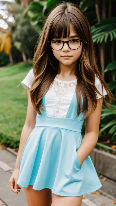 European girl, 13 years old, (long hair: 1.3), straight bangs, blonde, glasses, light blue eyes, shirt, dress, (white tights), small neckline, ray tracing, best quality