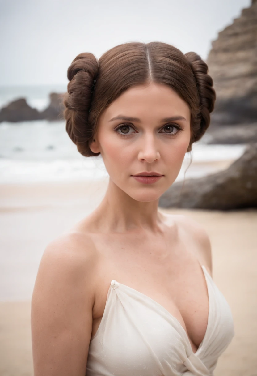 Naked Princess Leia on the beach, uncovered breast, huge , - SeaArt AI