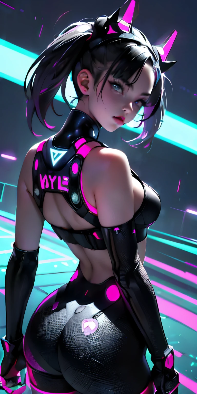 Marnie, top-quality))、((​masterpiece)、cyberpunked、Big buttocks、Electronic visor attached to 20-year-old girl's face with emphasis on buttocks、Cyberpunk Fashion、Sexy Posing、(Wear lilac body spats on the lower body、Breasts enlarged、Neon lights in dark city at night、(Various poses)